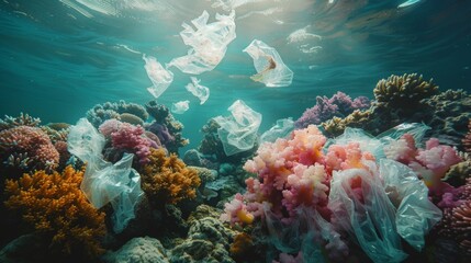 Wall Mural - Underwater reef with colorful corals and fish disrupted by plastic bags. Sunlight creates blue hues in the water.