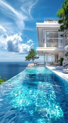 Wall Mural - A stunning modern villa perched on a cliff with an infinity pool, overlooking an expansive ocean under a blue sky with fluffy clouds. Perfect for a serene getaway in luxury.