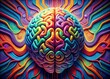 © Curie - Vibrant colors swirl around a stylized brain shape, graphic patterns and bold lines blending in a retro-futuristic representation of creative thinking and intellectual curiosity.
