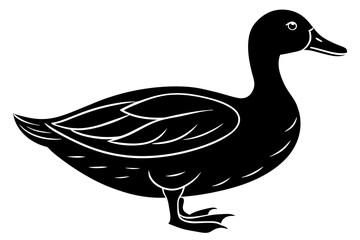 Poster - Hand drawn duck in a minimal linocut style. 4k silhouette black color vector art illustration