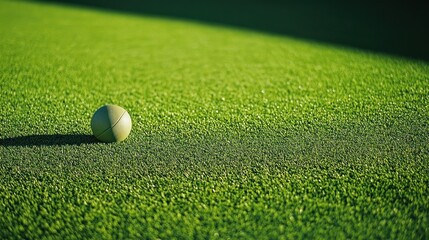 A lone tennis ball resting on a well-maintained green grass surface.