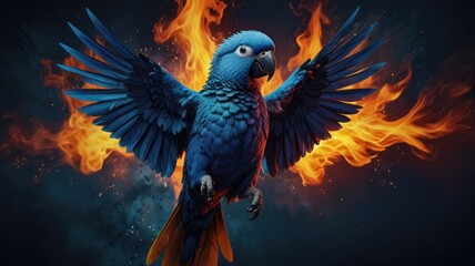 Poster - Blue Parrot Soaring Through Flames