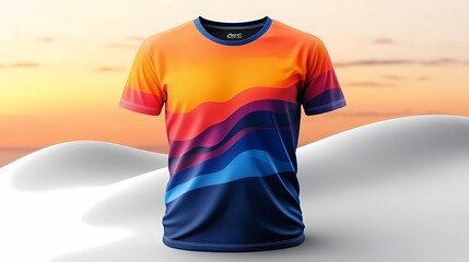 modern dynamic yellow blue red maroon gradient neon line pastel color jersey for gaming, short sleeve mockup with front and back views isolated clean white background