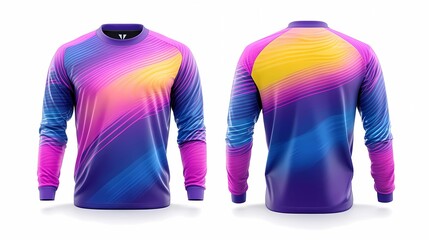 modern dynamic yellow blue purple gradient neon line pastel color jersey for gaming, long sleeve mockup with front and back views isolated clean white background