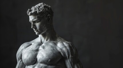 Marble statue of a 20-year-old man, fit and muscular build, defined abs, toned arms and chest, sharp focused look, black simple background