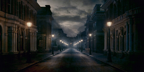 Dark, empty Victorian street with gas lamps and cobblestone pavement. Historical ambiance with grunge texture. Eerie, mysterious atmosphere in a ghost town setting. Perfect for historical and vintage