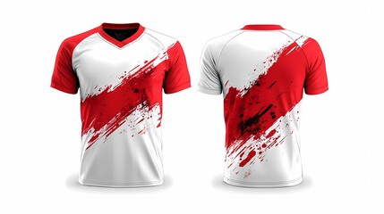 stunning paint splash white red color jersey for gaming, short sleeve mockup with front and back views isolated clean white background