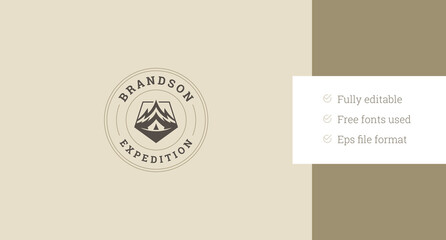 Mountain camping expedition travel adventure old style logo design template vector flat illustration. Mountaineering alpinism exploration discovery snowy rock cliff minimalist circle logotype