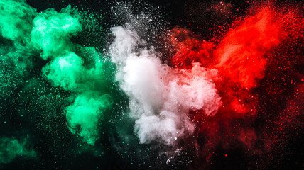 Wall Mural - The flag of Italy consists of a colorful explosion of green, white and red Holi colors on a black background.  Multicolored clouds of smoke. Stylish fireworks display