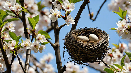 Canvas Print - birds nest in the branches of a blooming cherry background