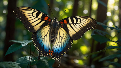 Butterfly wings illuminated by sunlight in a dense forest