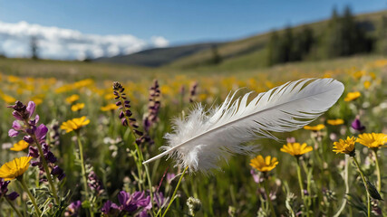 Wall Mural - Feather drifting through the air over a meadow of wildflowers