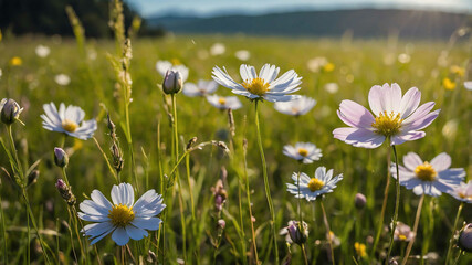 Wall Mural - Flower petals caught in a gentle breeze in a meadow