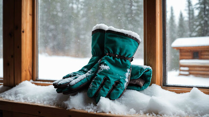 Poster - Gloves resting on a snowy windowsill in a cozy cabin