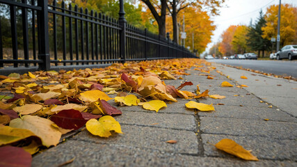 Poster - Leaf blowing across a sidewalk with autumn colors around