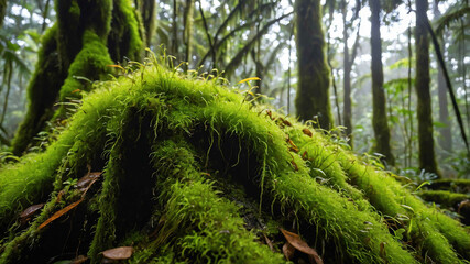 Canvas Print - Moss growing on a tree trunk in a humid rainforest