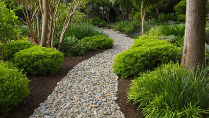 Canvas Print - Pebble path through a lush green garden