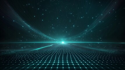 A futuristic digital landscape with glowing lines and a grid pattern, creating a captivating ambiance for technology themes.