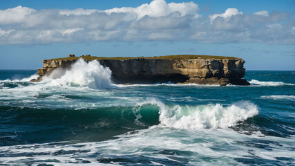 Wall Mural - Rock formation jutting out over the ocean with waves crashing below