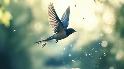 Wall Mural - A Bird in Flight Against a Green and Blurred Background