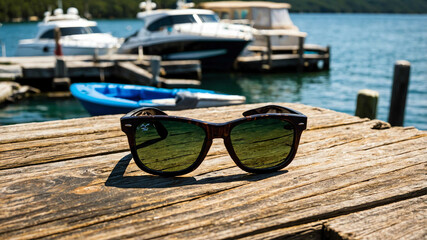 Wall Mural - Sunglasses left on a wooden pier with boats docked nearby