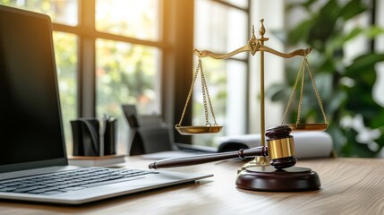 Law legal technology concept. judge gavel on computer with scales of justice on desk of lawyer.
