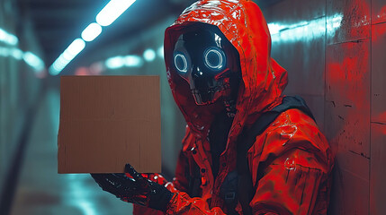 A man dressed as an ant in a red hoodie holds a test sheet while greeting commuters on the underground