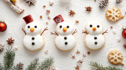 Melting marshmallow snowman cookies. Christmas and New Year dessert and decoration idea for holidays. White background