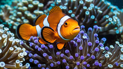 Clownfish closeup swimming among sea anemones in a vibrant coral reef