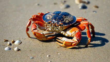 Wall Mural - Crab closeup scuttling across a sandy beach with seashells scattered