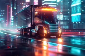 Futuristic truck driving through a neon-lit urban landscape, showcasing advanced technology and vibrant city life.