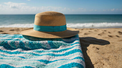 Wall Mural - Hat on a beach towel with the ocean in the background