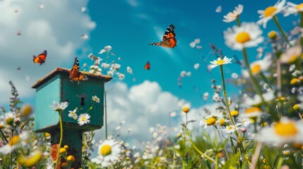 Colorful butterflies flutter around a vibrant flower-filled garden with a blue birdhouse under a bright blue sky.