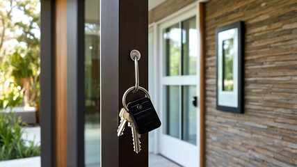 Keys hanging on a hook by a front door in a modern home