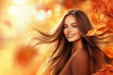 Wall Mural - Portrait of beautiful young smiling woman with autumn leafs. Healthy hair clean fresh skin natural make up beauty happy eyes on golden foliage background