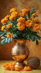 Wall Mural - A brass-plated copper pot filled with coconut, green leaves, and marigold flowers on a yellow background