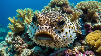 Pufferfish closeup puffed up with colorful coral reefs behind