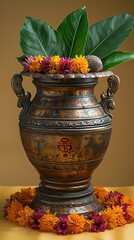 Wall Mural - A brass-plated copper pot filled with coconut, green leaves, and marigold flowers on a yellow background