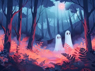 Wall Mural - Enchanted forest with ghostly figures and mist, spooky Halloween, flat design illustration.