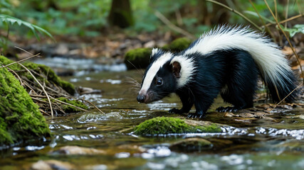 Wall Mural - Skunk closeup wandering through a dense forest with a stream in the background