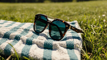 Wall Mural - Sunglasses sitting on a picnic blanket in a grassy meadow