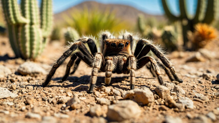 Wall Mural - Tarantula closeup crawling through a desert with cacti in the background