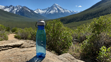 Canvas Print - Water bottle on a hiking trail with mountains in the distance