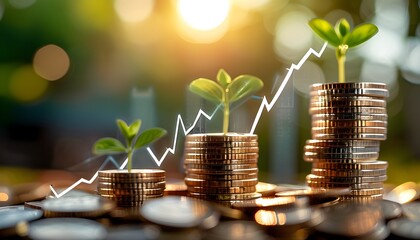 Dynamic financial analysis showcasing stacked coins and a real estate growth chart, symbolizing investment success and economic prosperity during the day