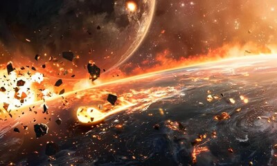 Wall Mural - massive asteroid impact on a distant planet, video