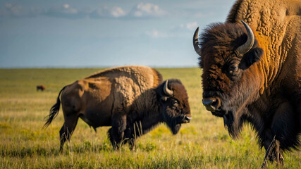 Wall Mural - Bison closeup grazing on a prairie with a herd in the distance