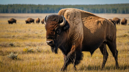 Bison closeup grazing on a prairie with a herd in the distance