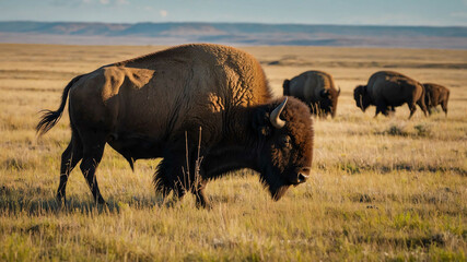 Wall Mural - Bison closeup grazing on a prairie with a herd in the distance