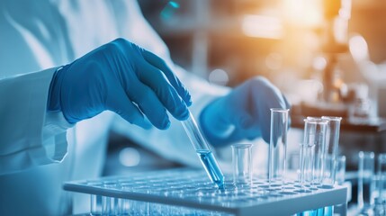 Close-up of blue-gloved hands handling a test tube in a bright laboratory environment with test tubes scattered on the surface