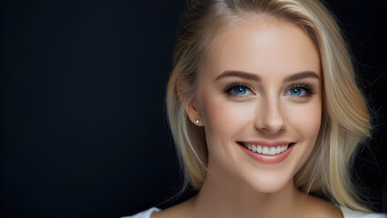 Wall Mural - portrait of beautiful blonde woman with blue eyes and smile on black background